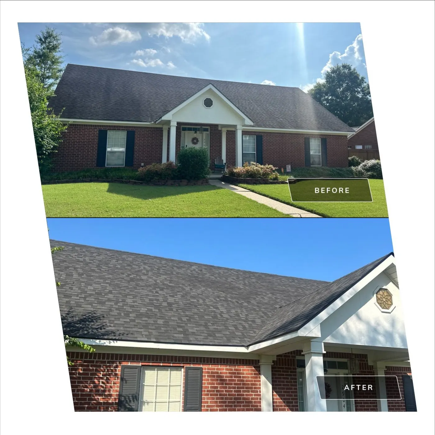 Before-and-after of a red-brick ranch: aged worn shingles replaced with new dark architectural shingles