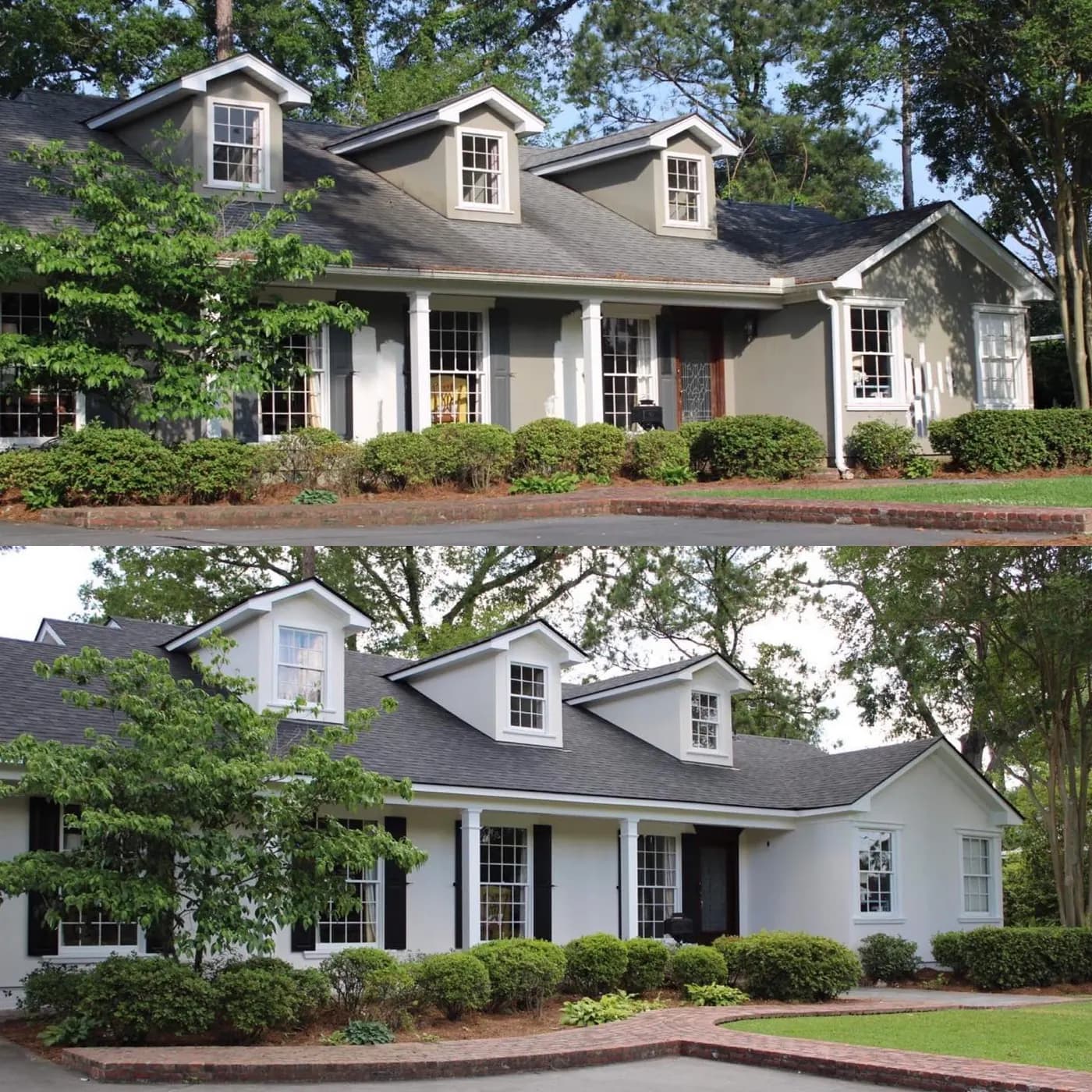 Before-and-after of a single-story white-painted ranch home with a new dark shingle reroof